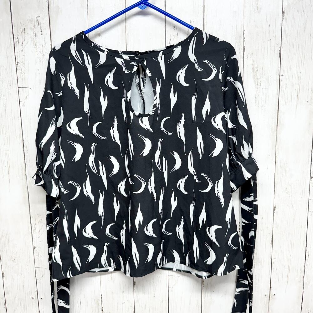 Clothes Blouse Women Size L Feathered‎ Long Sleeve Keyhole Business Casual Black